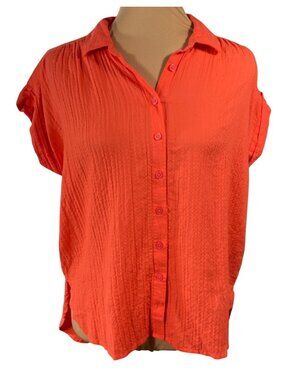 Loft Shirt Top Orange Size MP Medium Petite Cap Sleeve Button Front